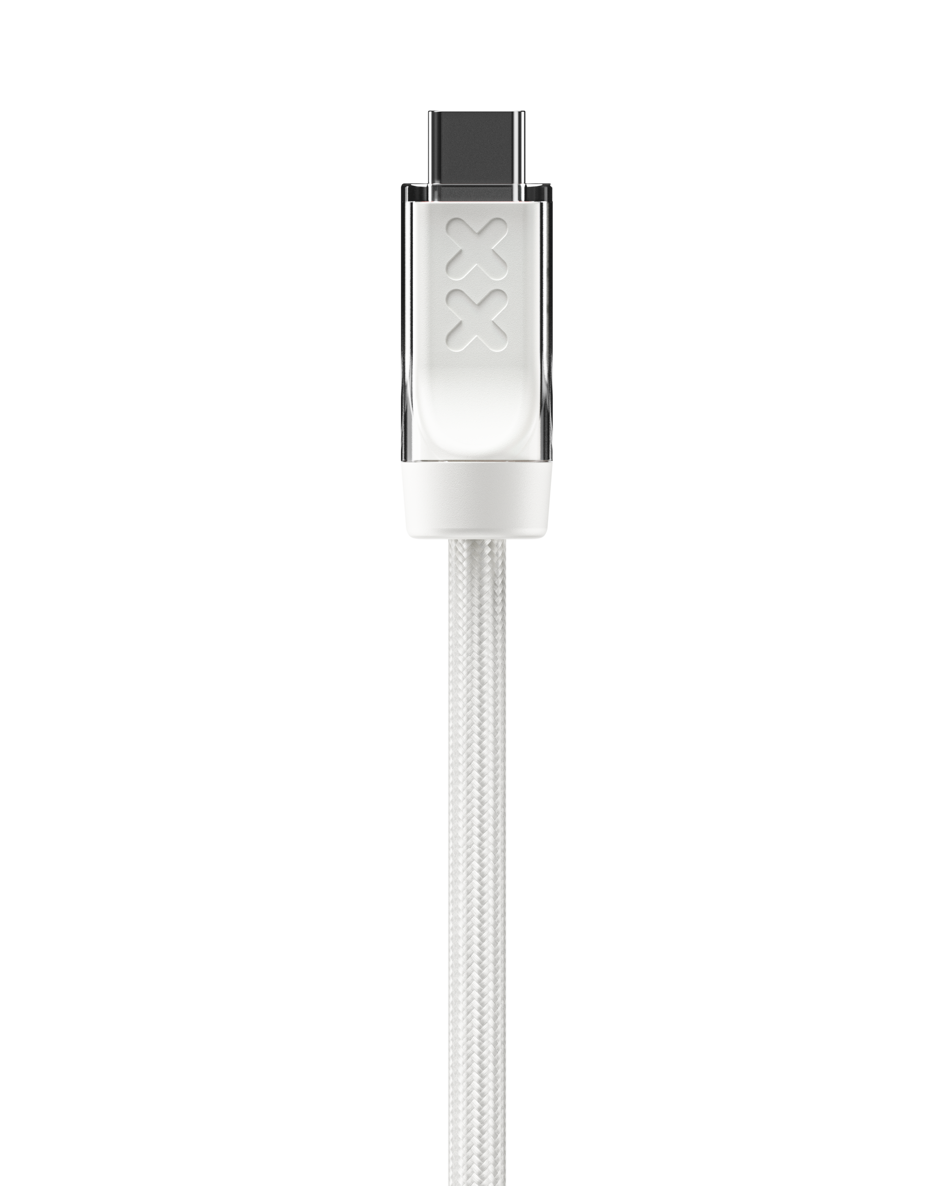 XX Cable Salt — connector with embossed Wired In coil mark, red status LED, white anti-fray nylon weave