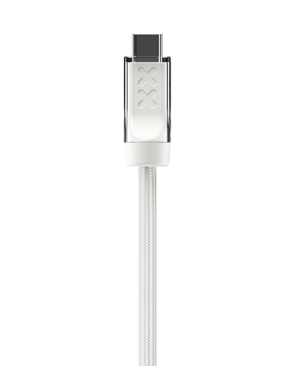 XX Cable Salt — connector with embossed Wired In coil mark, red status LED, white anti-fray nylon weave