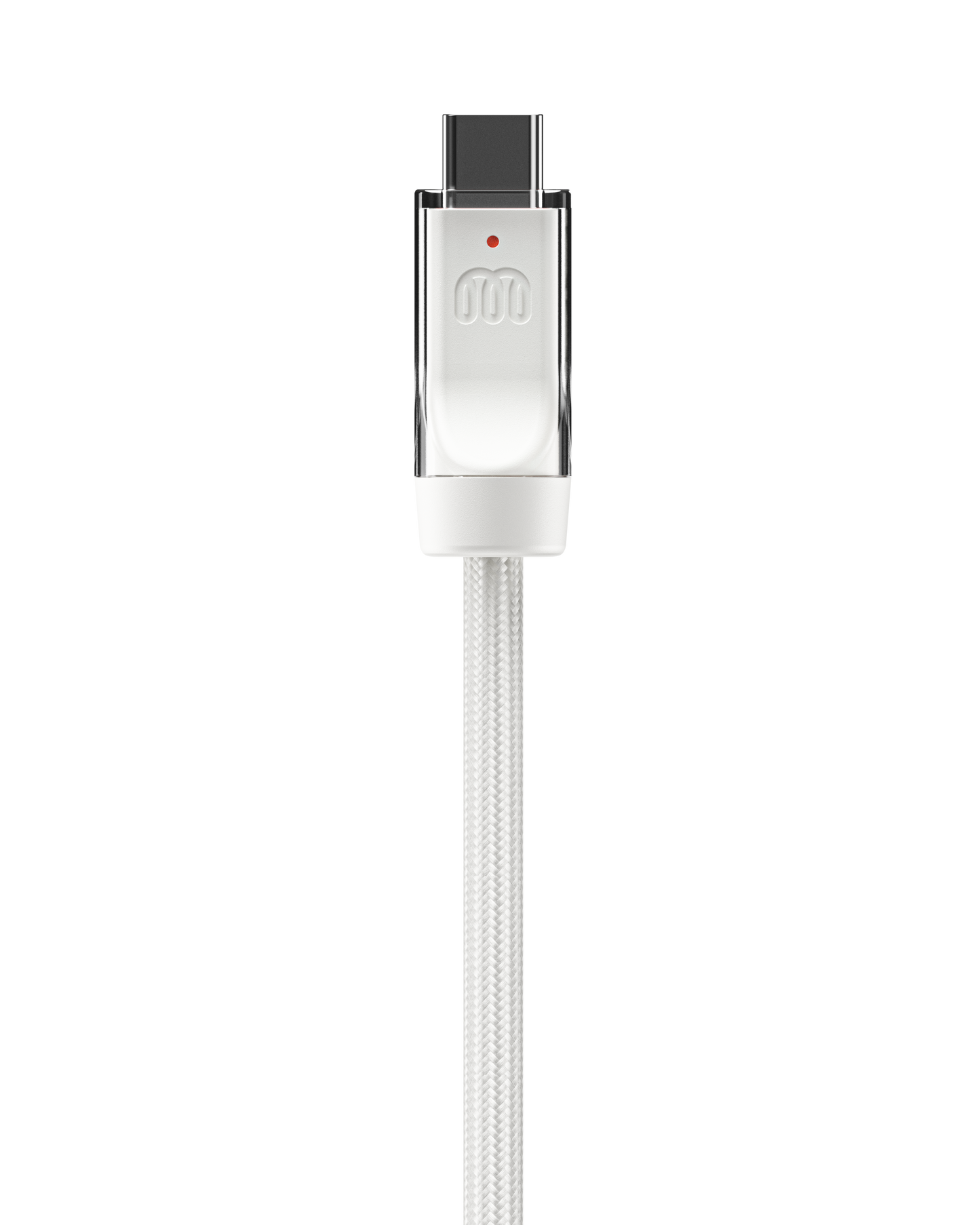 XX Cable Salt — connector with embossed XX brand mark on milled aluminum housing, white anti-fray nylon weave