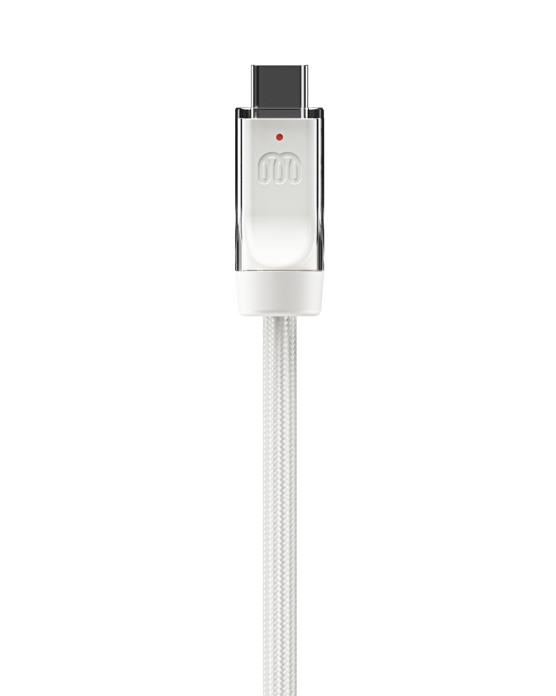 XX Cable Salt — connector with embossed XX brand mark on milled aluminum housing, white anti-fray nylon weave