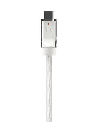 XX Cable Salt — connector with embossed XX brand mark on milled aluminum housing, white anti-fray nylon weave