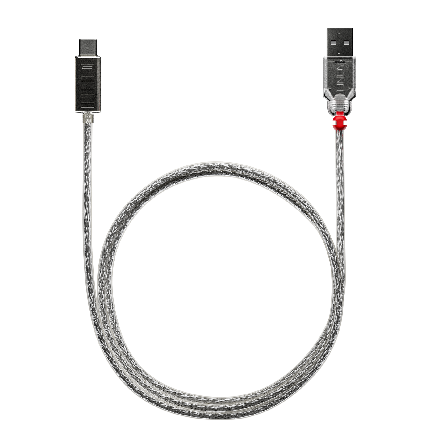 Lindy cable retrofitted to USB-C, silver connector, transparent braided — Wired In