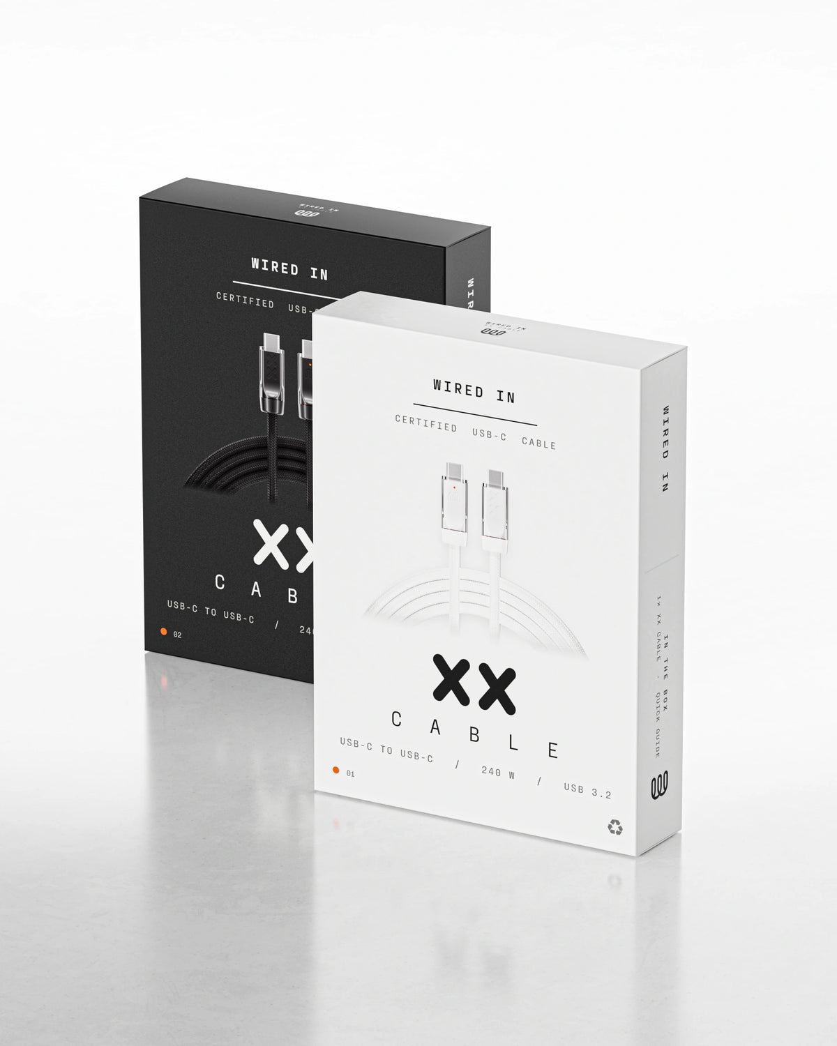 XX Cable retail boxes, Salt and Pepper standing side by side — spec-sheet front panel with the XX mark, USB-C to USB-C, 240W, USB 3.2