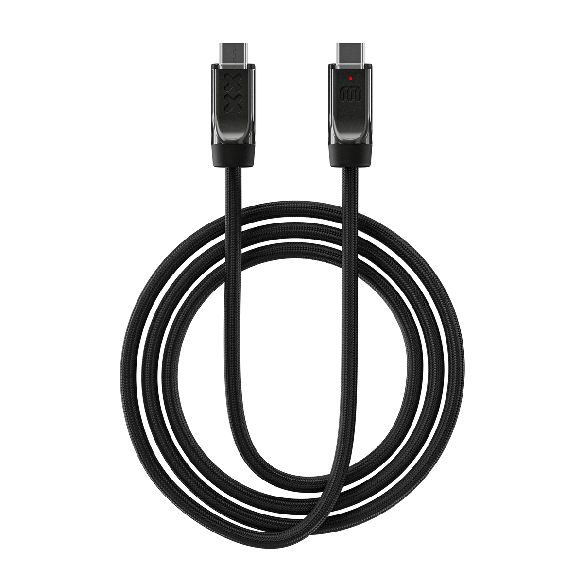 XX Cable Pepper — coiled with both connectors up: embossed XX mark, Wired In coil mark and status LED, black anti-fray nylon weave