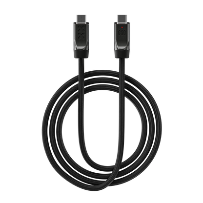 XX Cable Pepper — coiled with both connectors up: embossed XX mark, Wired In coil mark and status LED, black anti-fray nylon weave