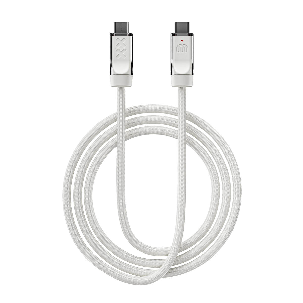 XX Cable Salt — coiled with both connectors up: embossed XX mark, Wired In coil mark and status LED, white anti-fray nylon weave