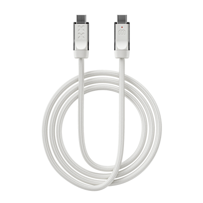 XX Cable Salt — coiled with both connectors up: embossed XX mark, Wired In coil mark and status LED, white anti-fray nylon weave